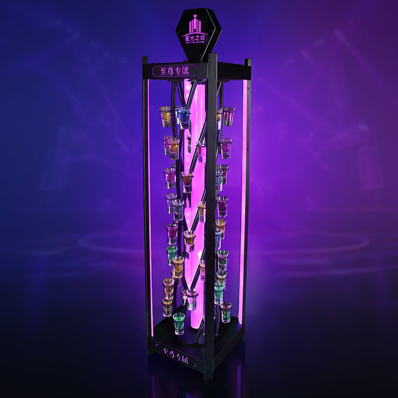 Bespoke LED Rotating Shot Glass Display Rack - Multi-Color Revolving Shot Tower for Nightclub VIP Service