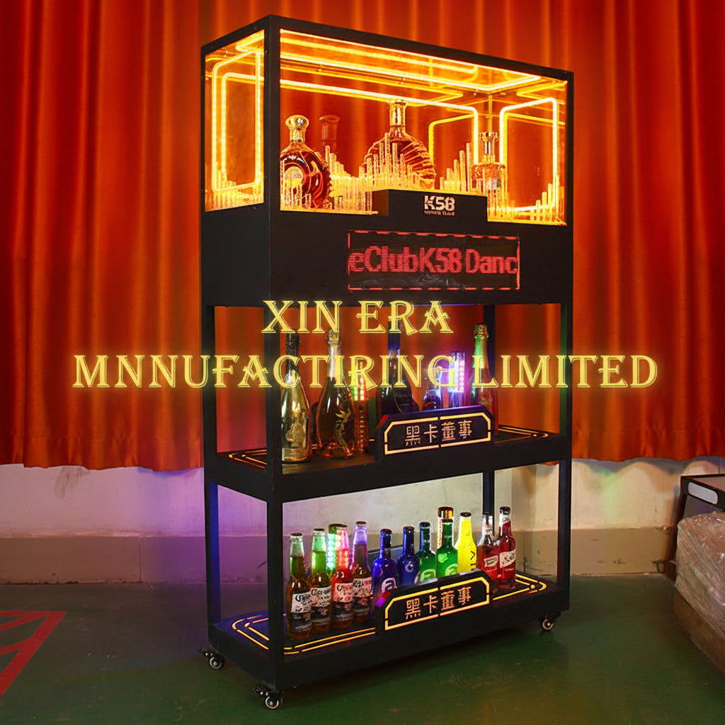 Xinera-3-Tier-LED-Display-Liquor-Cabinet-Nightclub-VIP-Rolling-Screen-Wine-Shelf-Programmable-Text-Marquee-Soundwave-Light-Columns-Mobile-Casters-K58-Factory-Real-Shot
