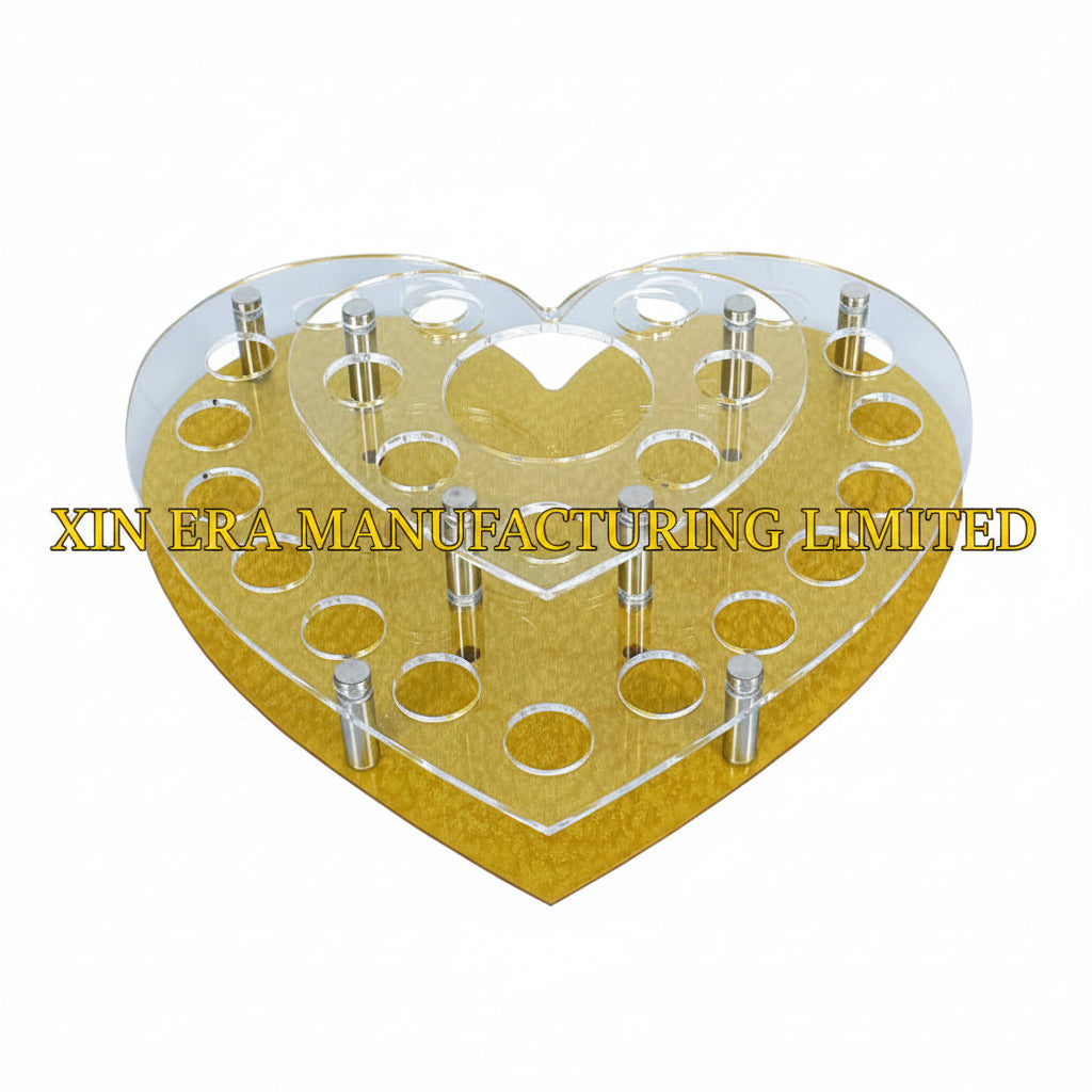 Xinera-Heart-Shaped-LED-Shot-Glass-Display-Nightclub-VIP-Cocktail-Holder-Rack-Dual-Tier-Acrylic-Golden-Mirror-Base-VIP-Table-Service-Factory-Real-Shot