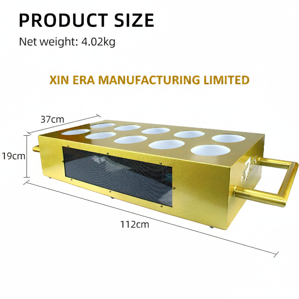 Gold VIP LED 10-bottle champagne presenter carrying tray showing product size specifications