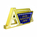 Custom gold metal LED counter sign with Augerta branding and blue geometric pattern