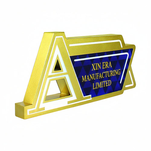Custom gold metal LED counter sign with Augerta branding and blue geometric pattern
