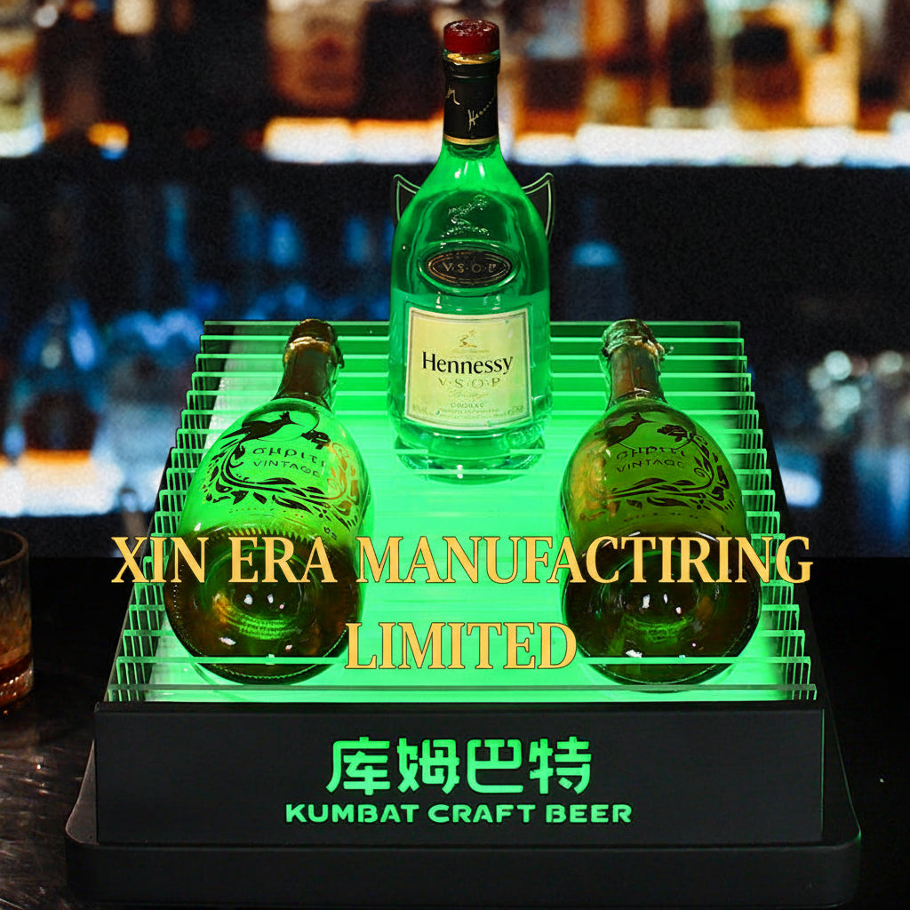 Xinera-Green-Slatted-LED-Bottle-Display-Kumbat-Craft-Beer-Custom-Logo-Factory-Real-Shot