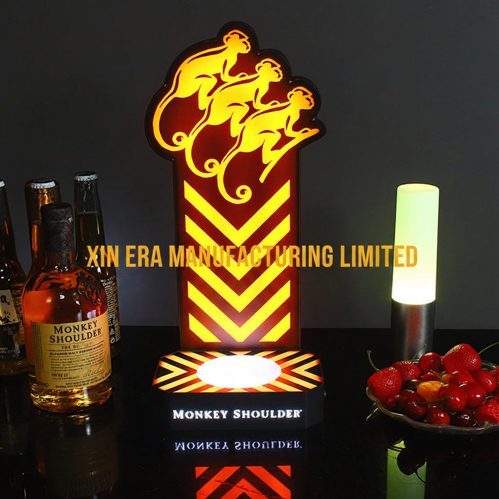Xinera-LED-Monkey-Shoulder-Shot-Glass-Holder-Nightclub-VIP-Whisky-Fruit-Platter-Three-Monkeys-Logo-Zebra-Stripes-Stepped-Cup-Rack-Lower-Fruit-Tray-Factory-Real-Shot