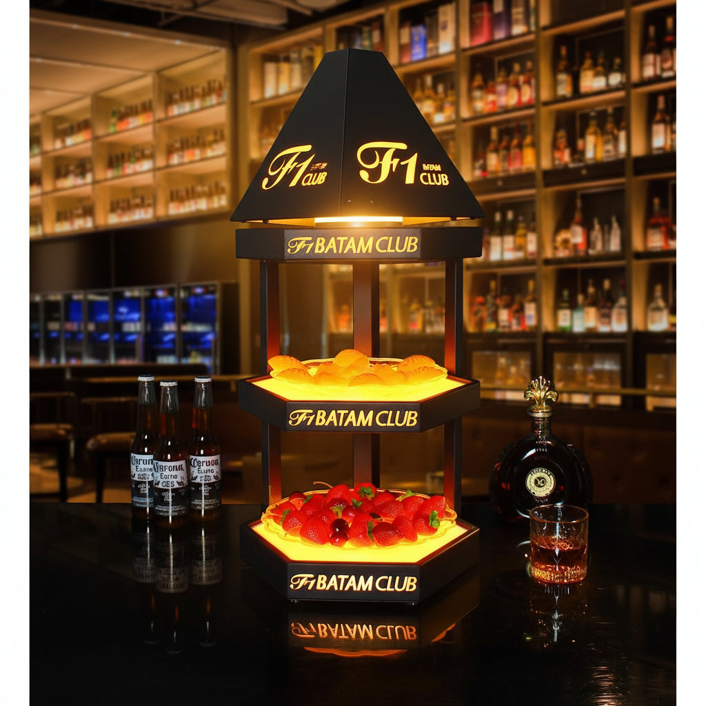3-tier hexagonal LED display stand with matte black finish and illuminated acrylic base for commercial events