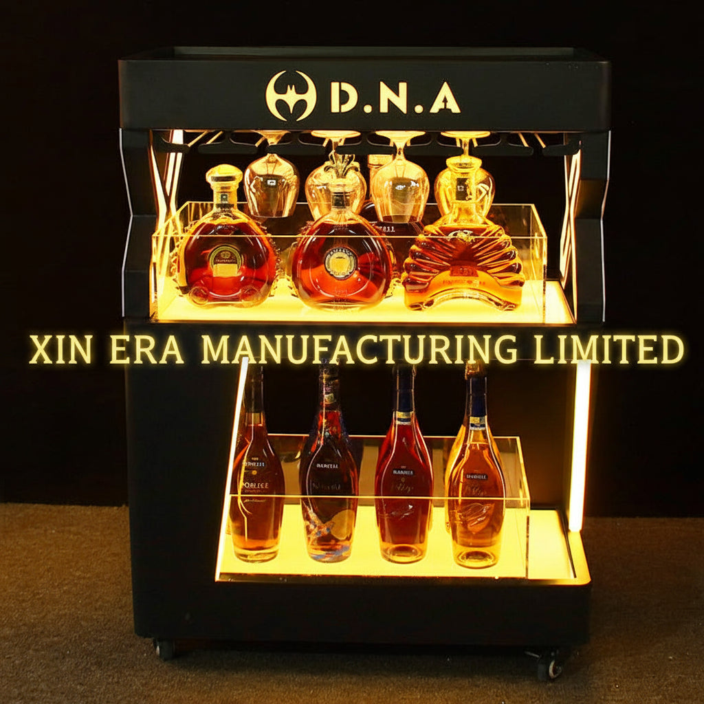 Direct factory supply of reinforced acrylic LED liquor display stands, customizable RGB colors for nightclubs.