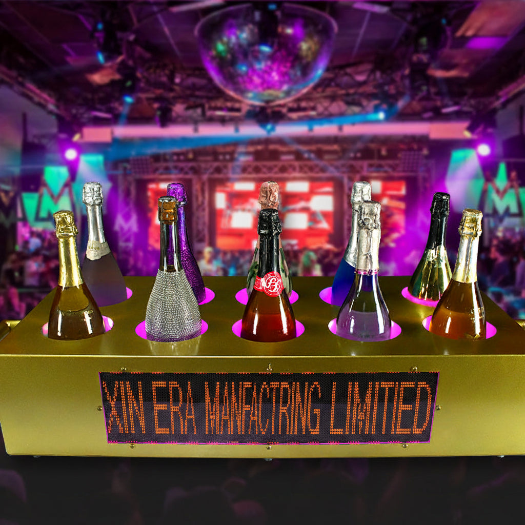 Luminous 10 bottle champagne parade carrier displaying vibrant multi color neon lights on club tables
