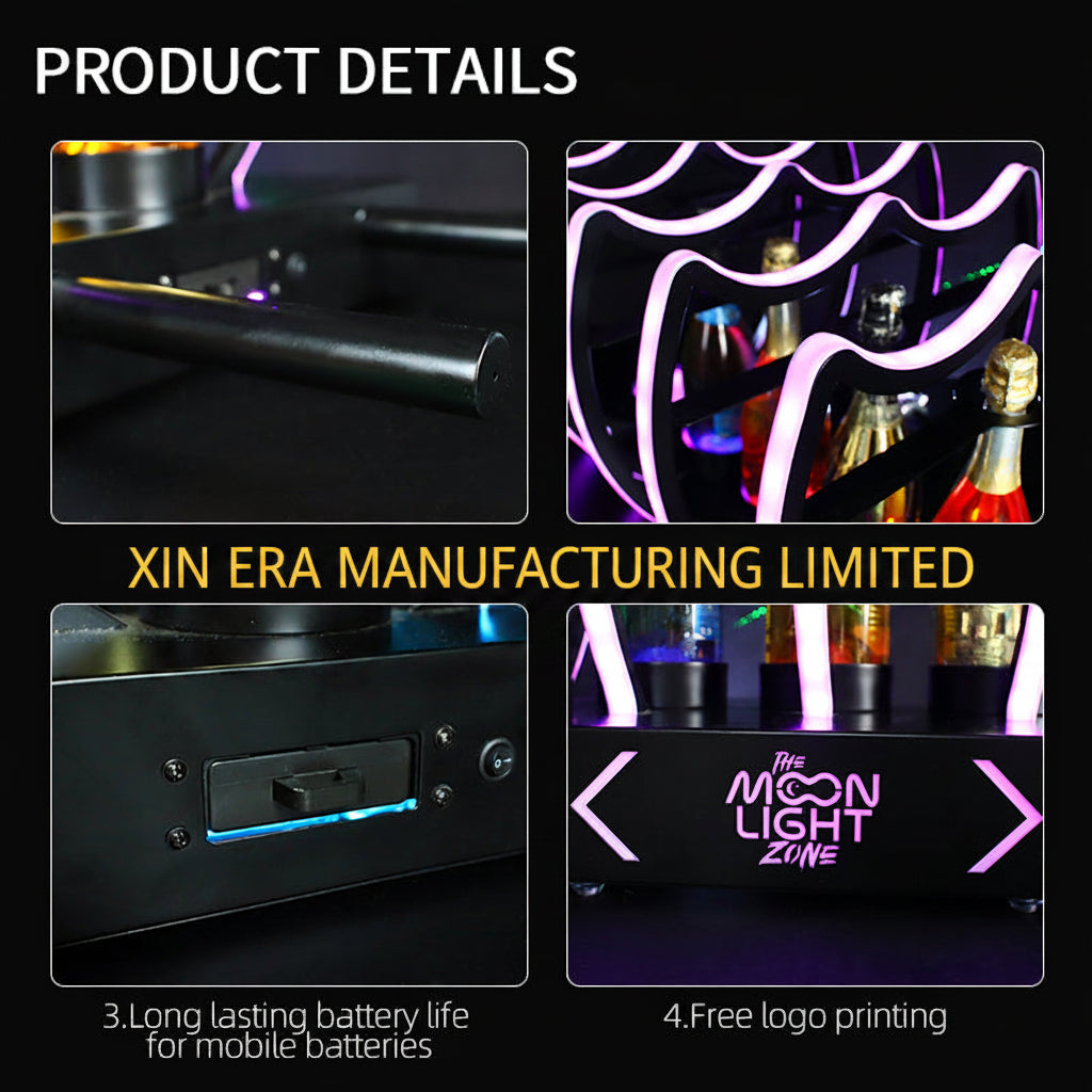 Xinera-Custom-Moonlight-Zone-Logo-LED-Champagne-Bottle-Presenter-5-Bottle-Shield-Luminous-Wine-Display-Rack-7-Color-Lockable-Nightclub-VIP-Factory-Real-Shot