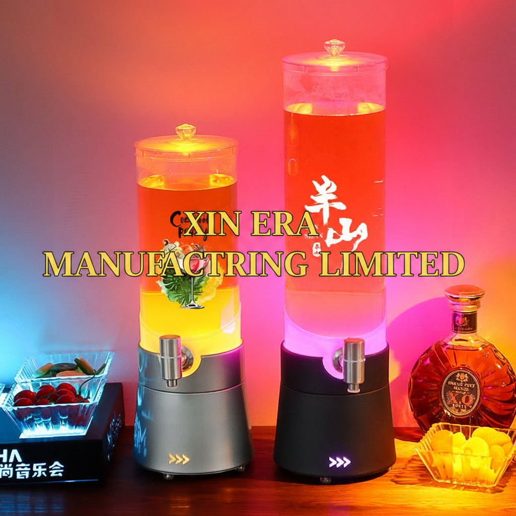 Xinera-LED-Beer-Tower-Luminous-Juice-Dispenser-Cylindrical-Drink-Container-with-Tap-Slanted-Glow-Base-Nightclub-VIP-Service-Factory-Real-Shot