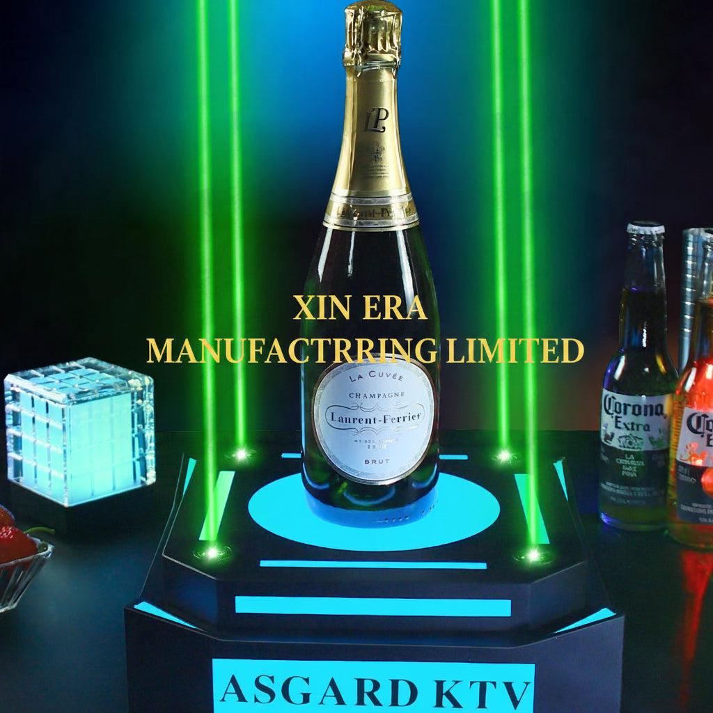 Front view of XIN ERA LED VIP bottle presenter with glowing logo on a dark nightclub background.