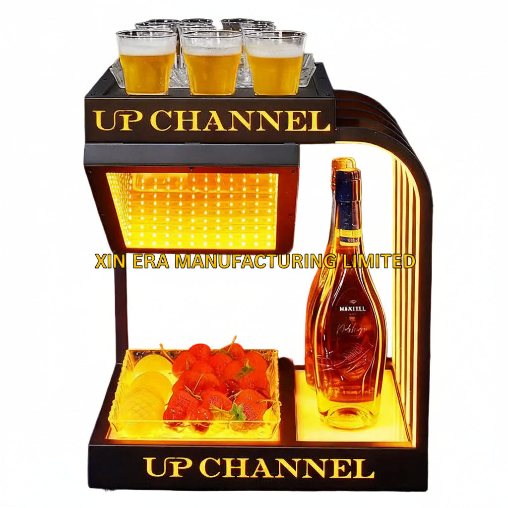 Xinera-LED-Infinity-Mirror-VIP-Bottle-Presenter-with-Snack-Tray-UP-CHANNEL-Custom-Branding-Real-Shot