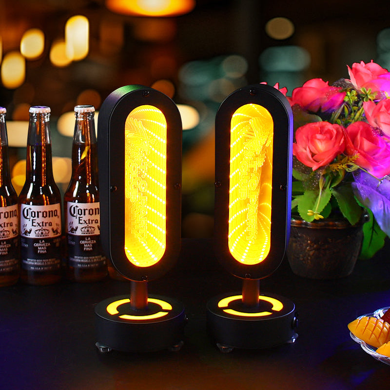 Custom branded infinity mirror LED table lamp with deep tunnel light effect for bar and lounge table decor.