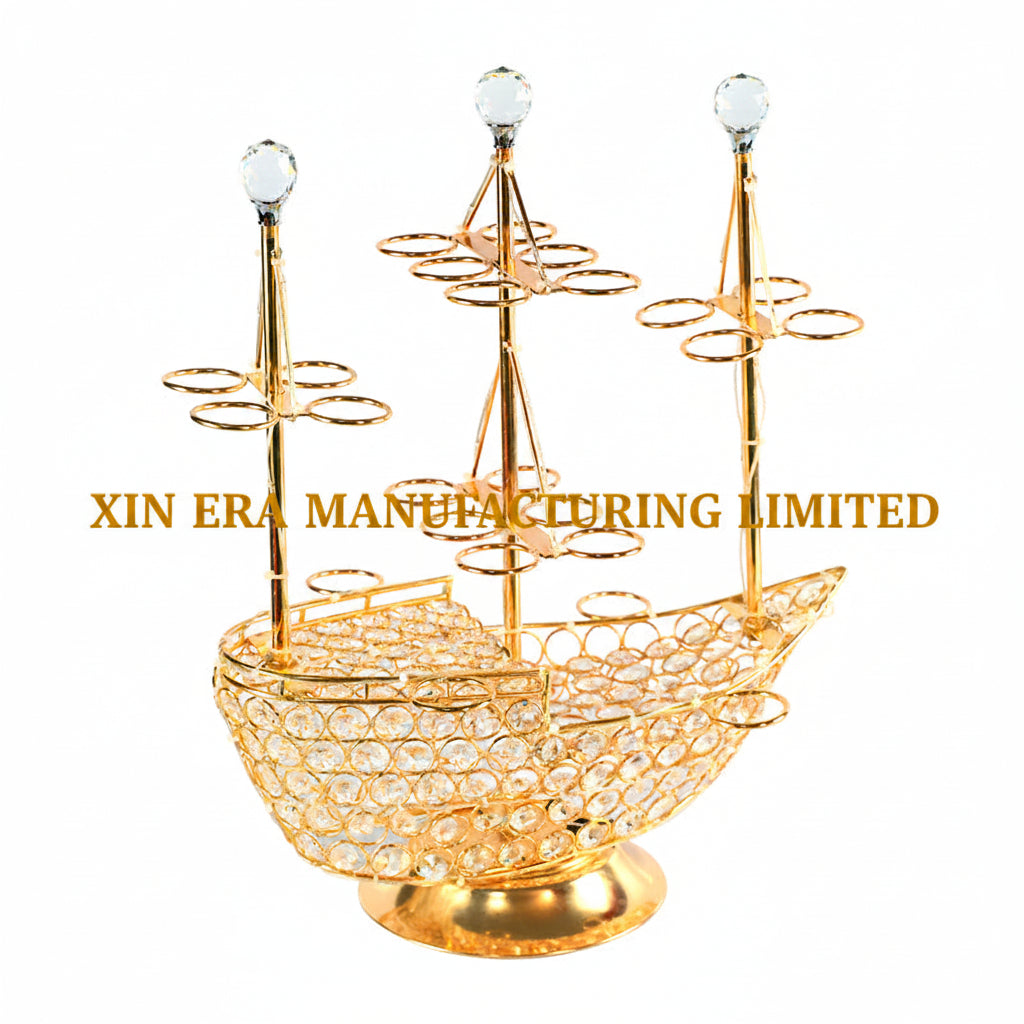 VIP LED sailing ship shot glass holder with gold metallic frame and crystal grids