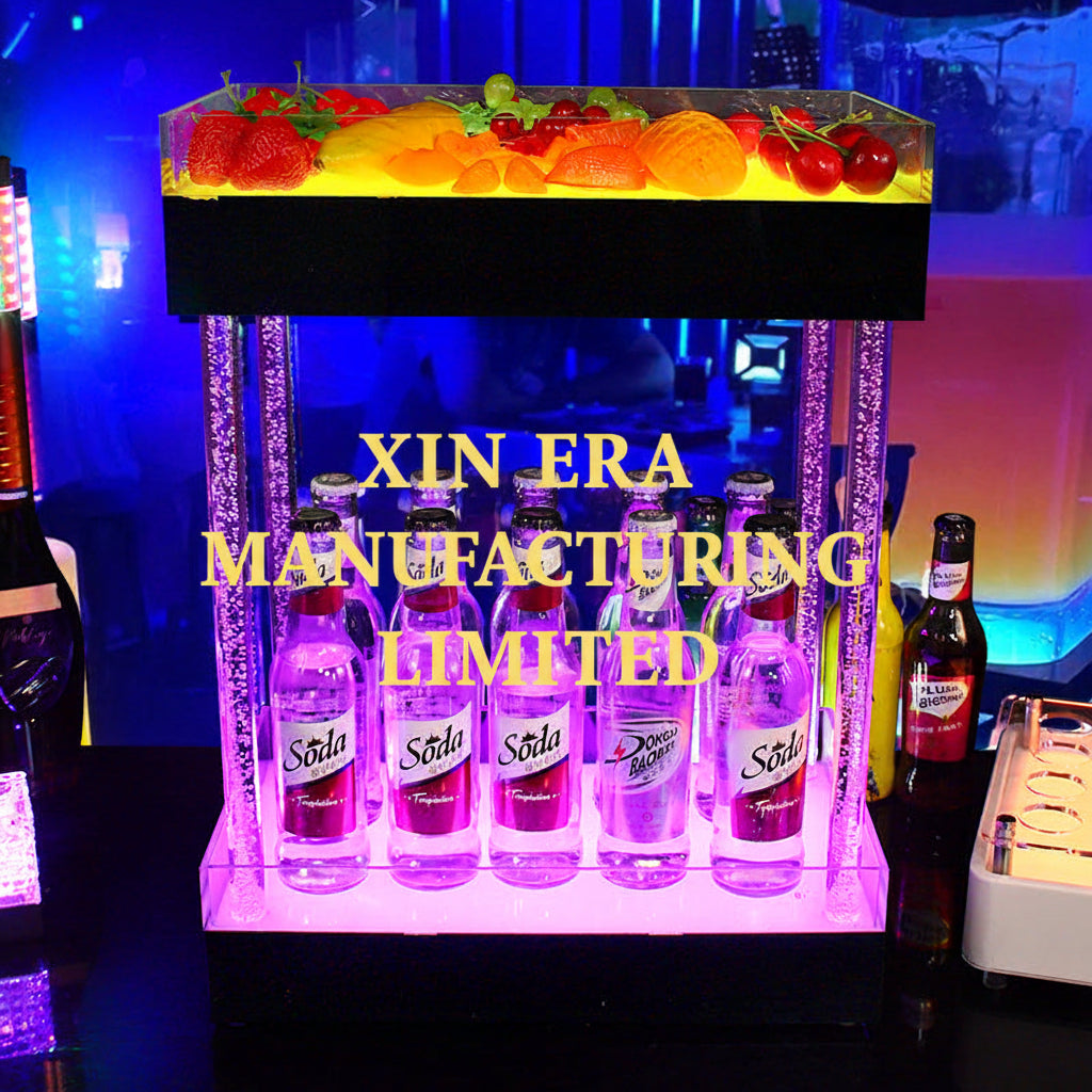 Luxury two-tier LED glowing presenter for bottles and fruit snacks, featuring illuminated crystal-filled pillars for premium nightclub VIP service.