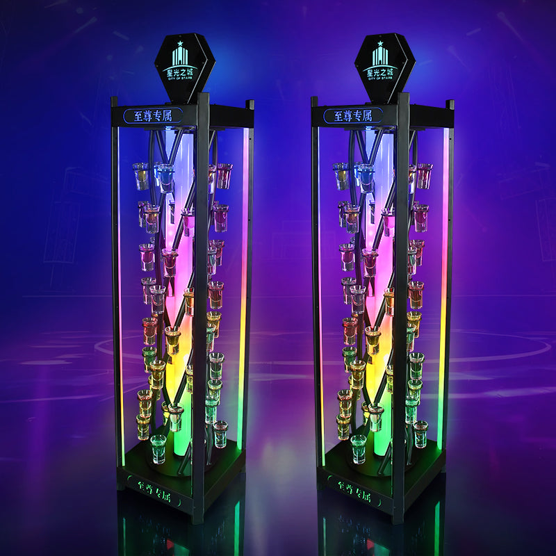 Bespoke LED Rotating Shot Glass Display Rack - Multi-Color Revolving Shot Tower for Nightclub VIP Service