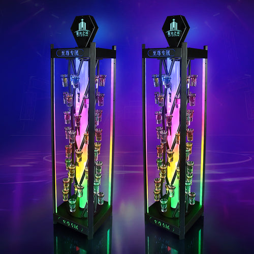 Bespoke LED Rotating Shot Glass Display Rack - Multi-Color Revolving Shot Tower for Nightclub VIP Service