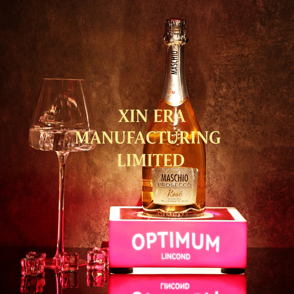 Custom brand logo glowing champagne bottle display stand with pink LED light for VIP lounge service.
