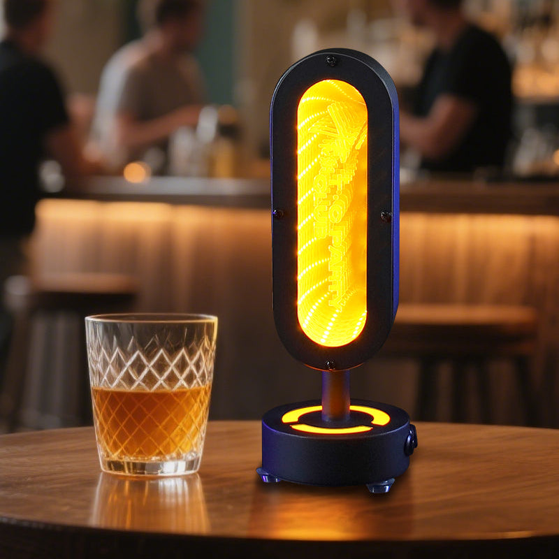 Custom branded infinity mirror LED table lamp with deep tunnel light effect for bar and lounge table decor.