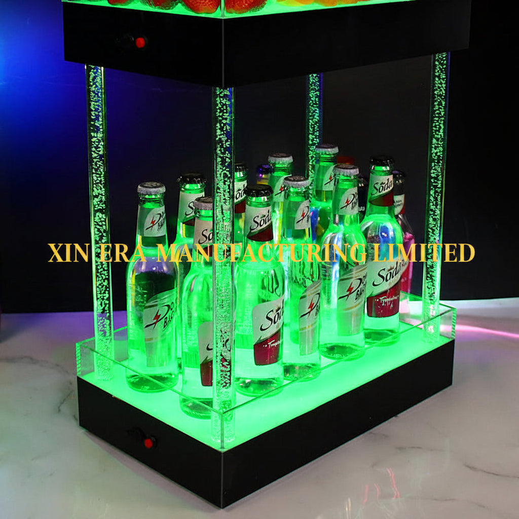 Luxury two-tier LED glowing presenter for bottles and fruit snacks, featuring illuminated crystal-filled pillars for premium nightclub VIP service.