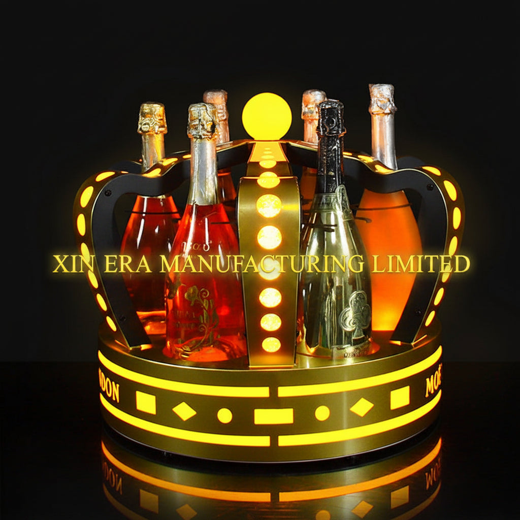 Multi-color LED glowing crown bottle carrier for professional bar and lounge atmosphere