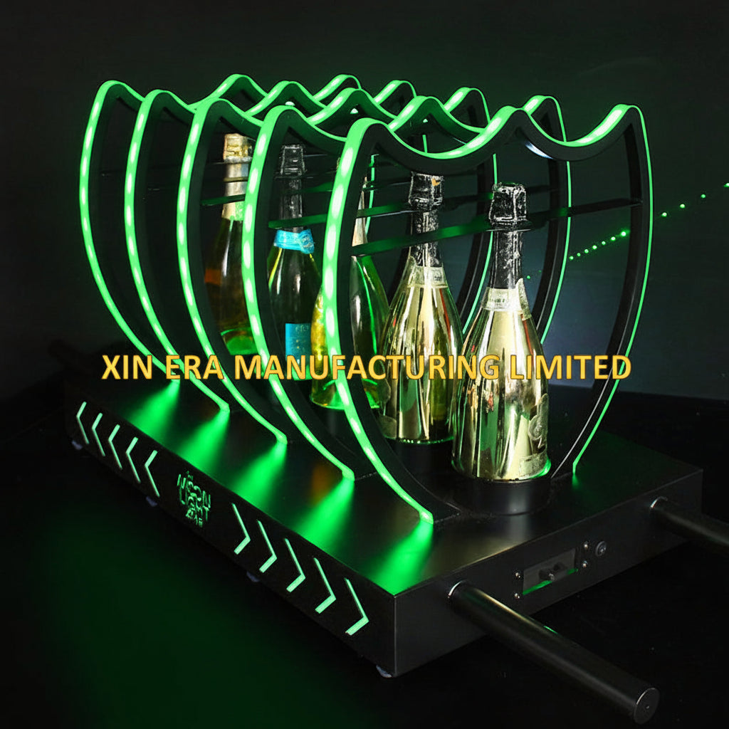 Xinera-Custom-Moonlight-Zone-Logo-LED-Champagne-Bottle-Presenter-5-Bottle-Shield-Luminous-Wine-Display-Rack-7-Color-Lockable-Nightclub-VIP-Factory-Real-Shot