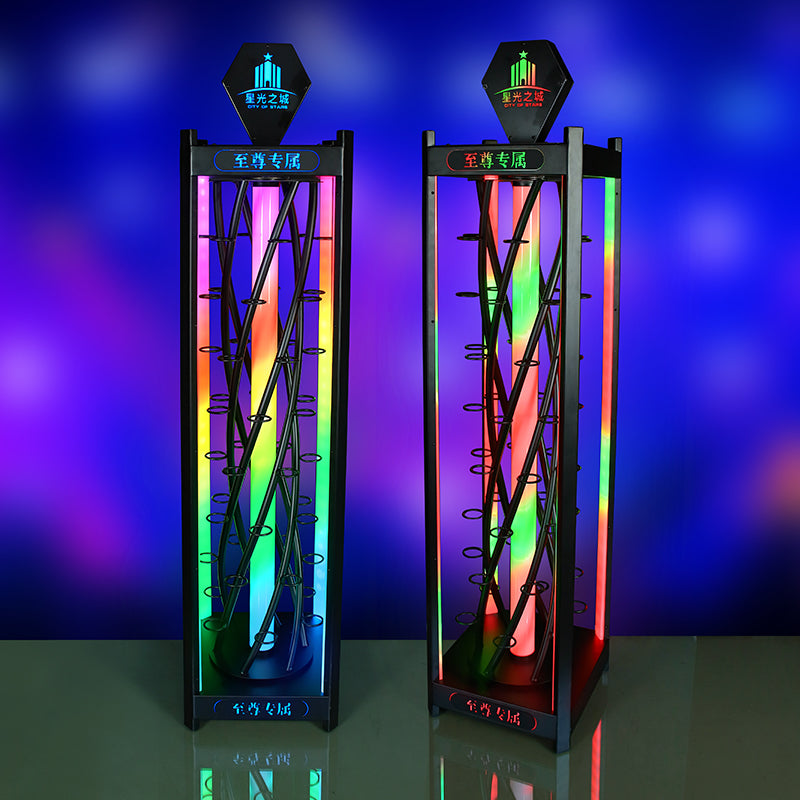 Bespoke LED Rotating Shot Glass Display Rack - Multi-Color Revolving Shot Tower for Nightclub VIP Service