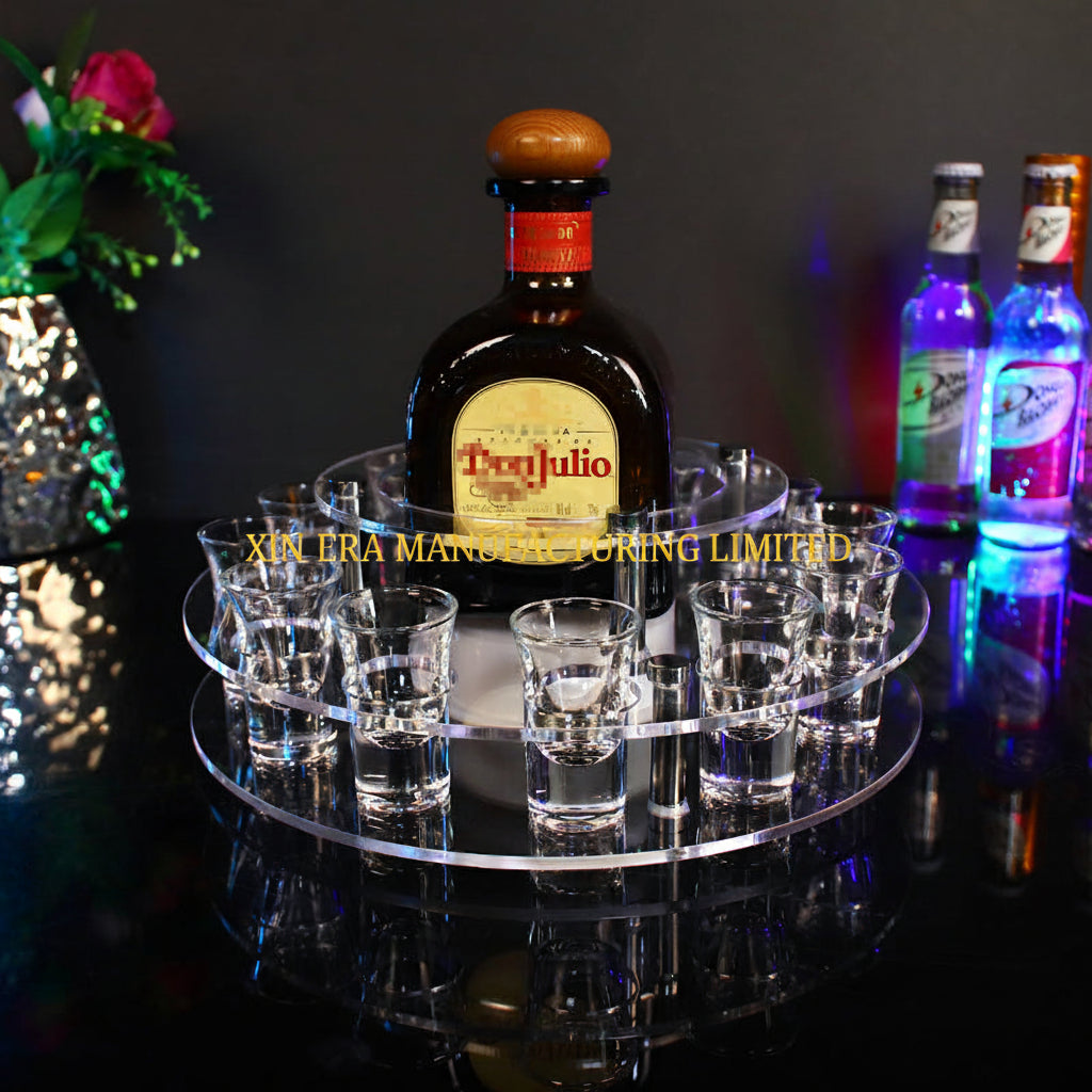Xinera-Luxury-LED-Shot-Glass-Holder-Round-Acrylic-Cocktail-Tray-Bar-12-Holes-Customizable-Light-Color-VIP-Table-Service-Factory-Real-Shot