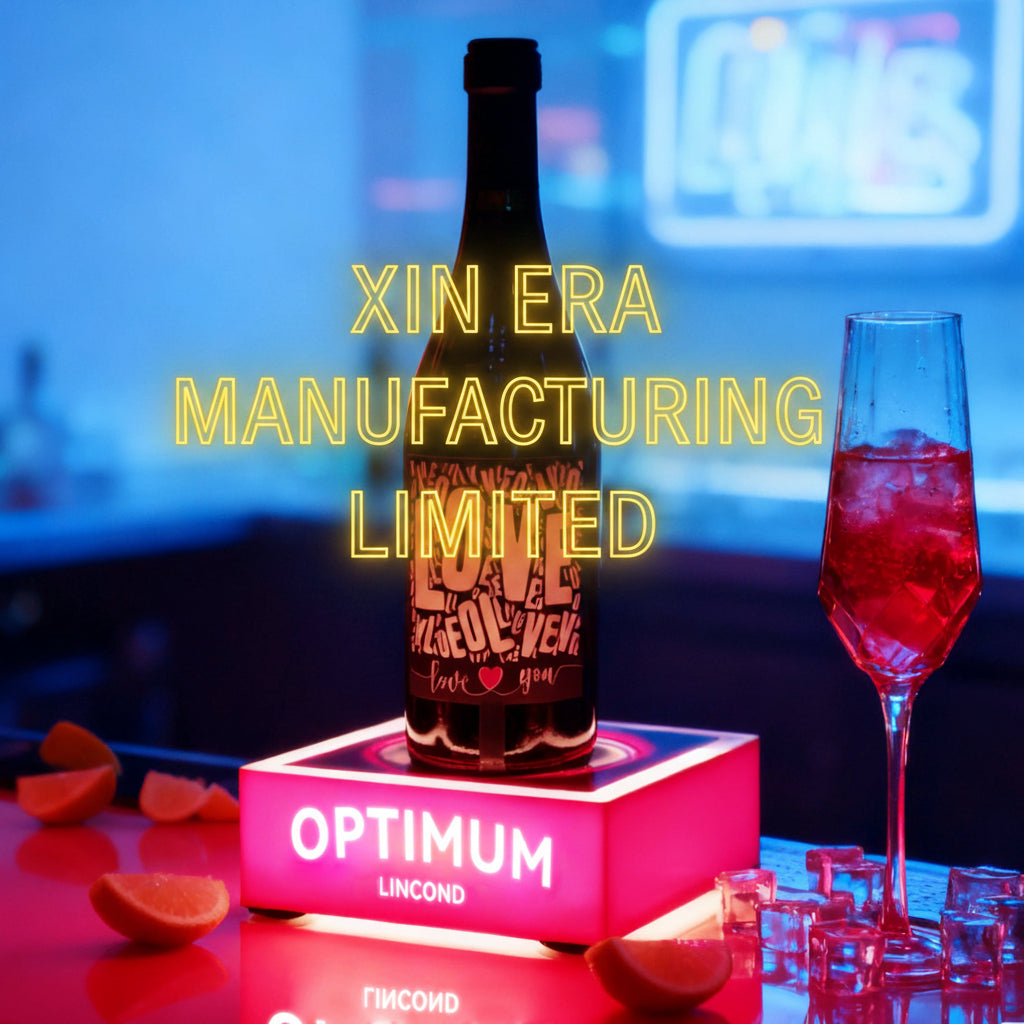 Custom brand logo glowing champagne bottle display stand with pink LED light for VIP lounge service.
