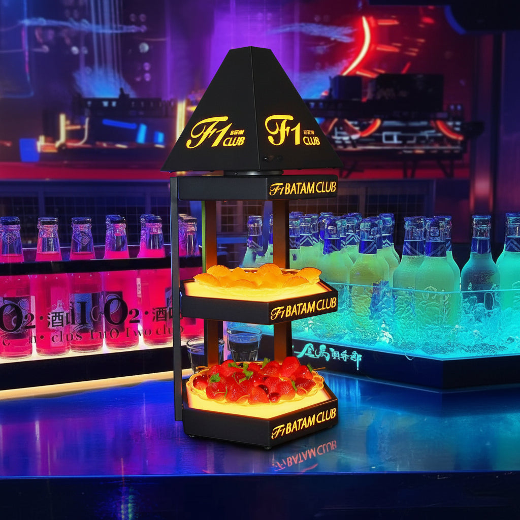 3-tier hexagonal LED display stand with matte black finish and illuminated acrylic base for commercial events