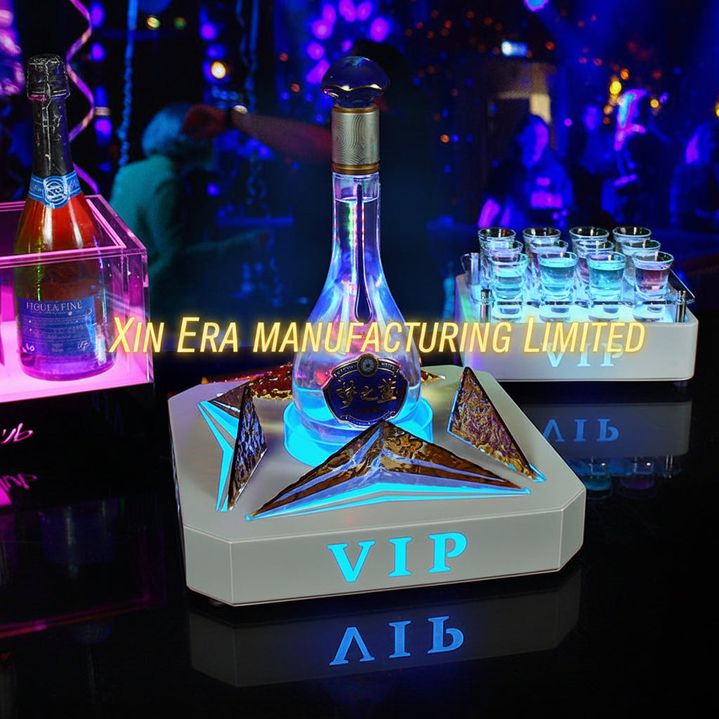 Luminous star VIP bottle glorifier with vibrant blue LED lighting for premium bar counter