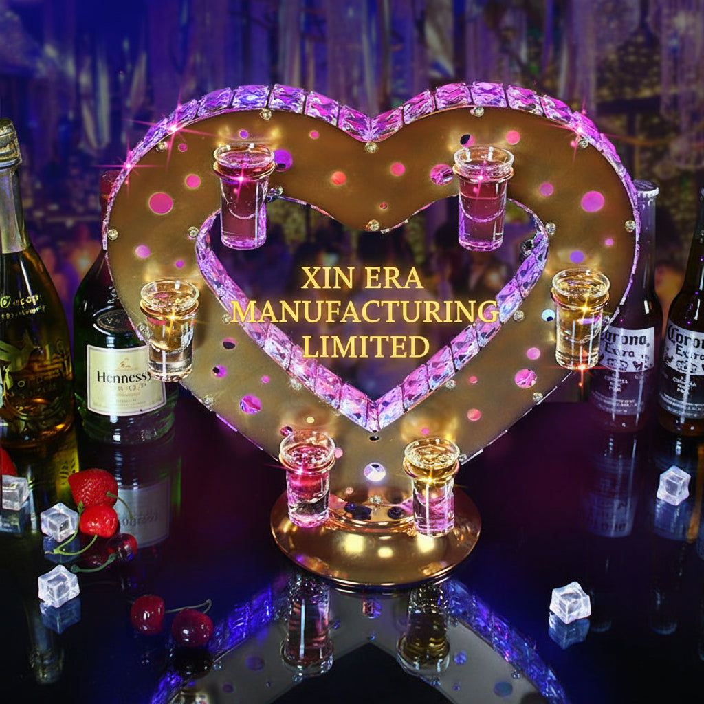 Glow in the dark heart shaped VIP shot glass display riser with romantic pink lighting
