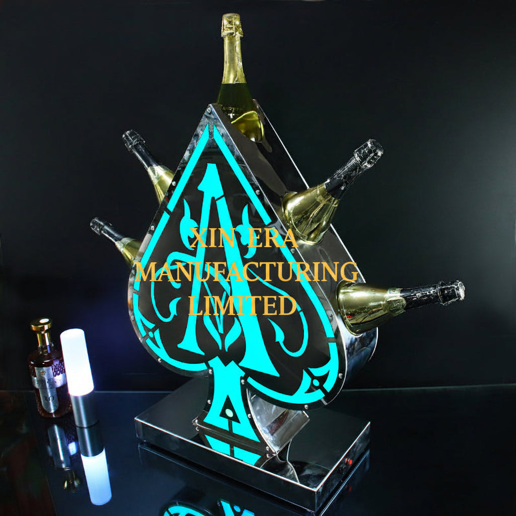 Xinera-LED-Ace-of-Spades-Bottle-Presenter-Nightclub-VIP-Champagne-Display-Rack-5-Bottle-Fan-Shaped-Cradle-Stainless-Steel-Base-Factory-Real-Shot