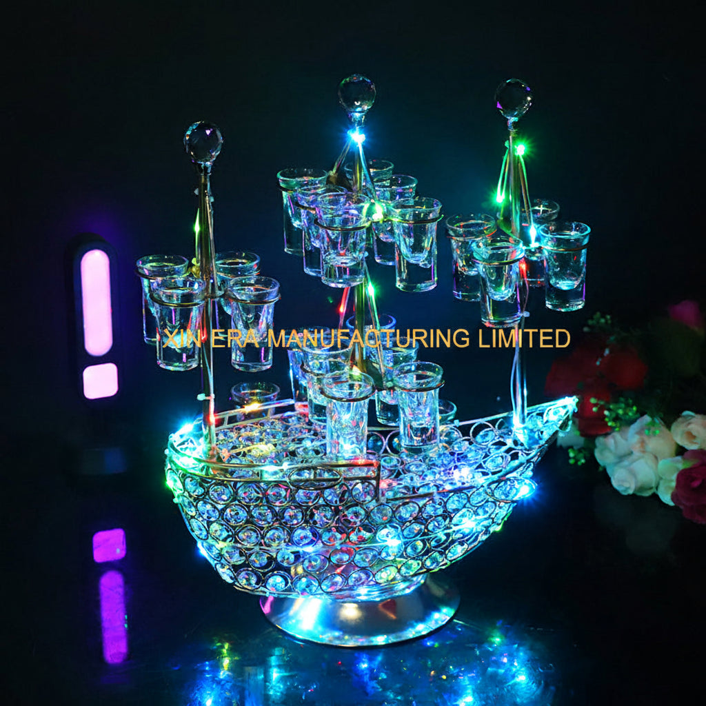 Glow in the dark ship shape VIP shot glass display riser with colorful LED illumination