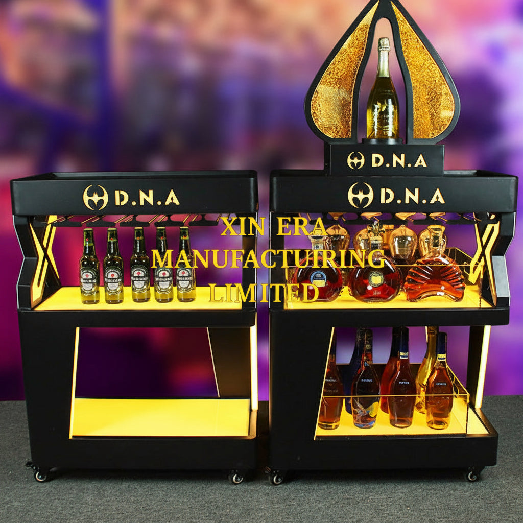Direct factory supply of reinforced acrylic LED liquor display stands, customizable RGB colors for nightclubs.