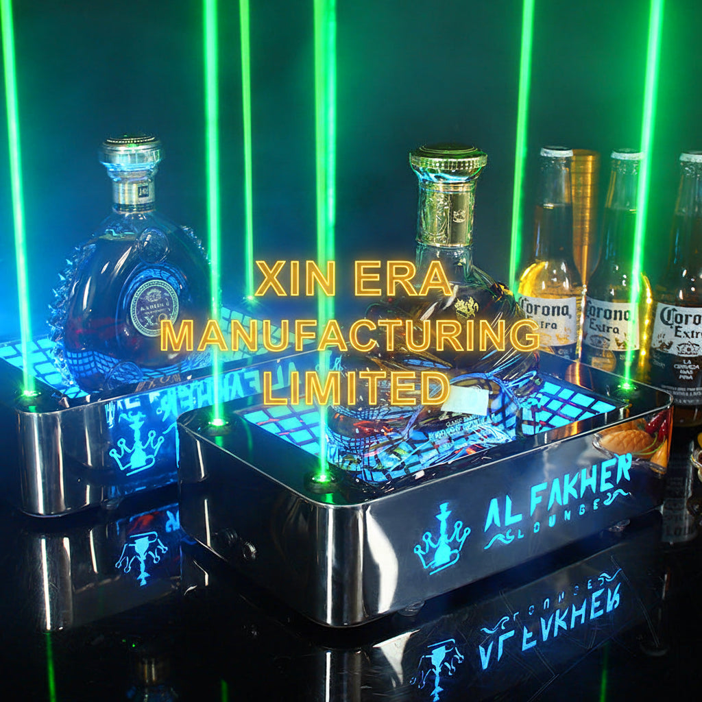 Luminous liquor presenter stand throwing four sharp green laser beams around a premium bottle