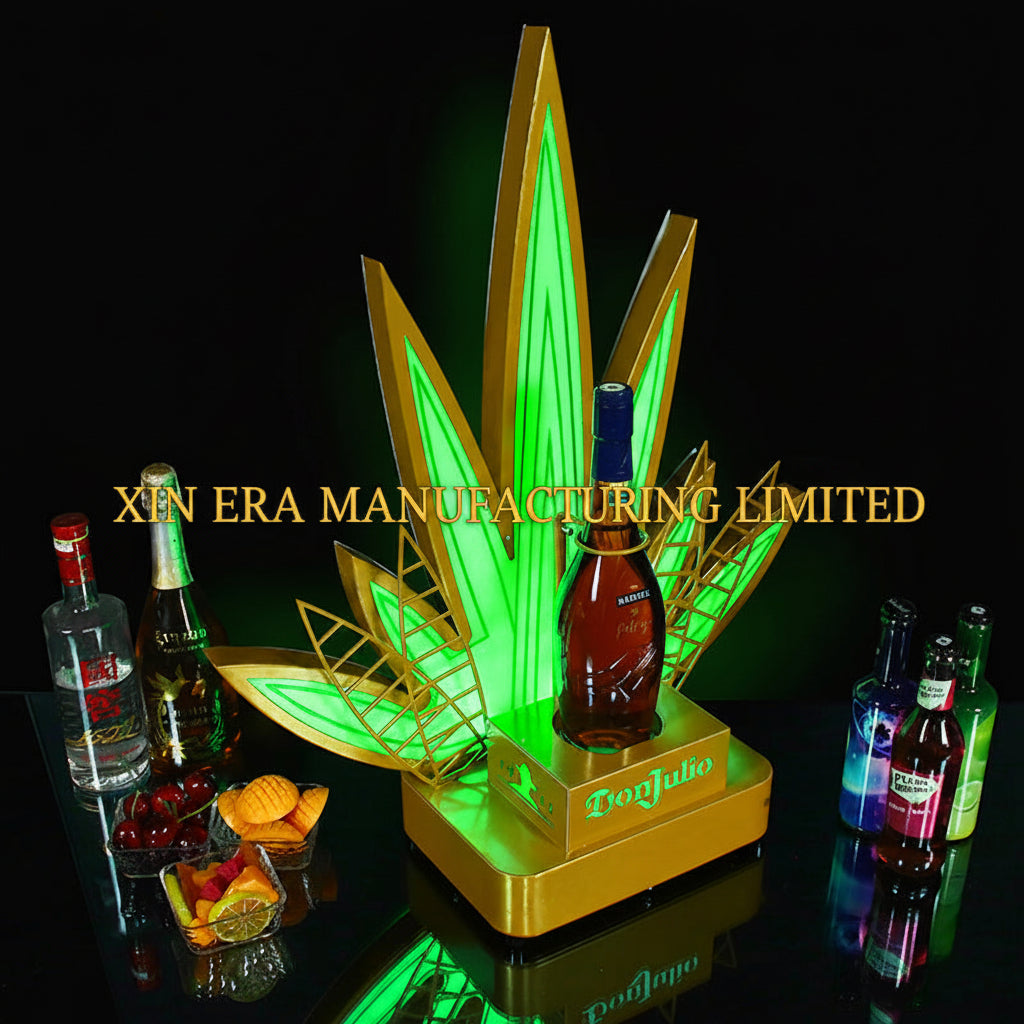 Luminous tequila bottle holder with green LED lights agave shape for bar and lounge decor