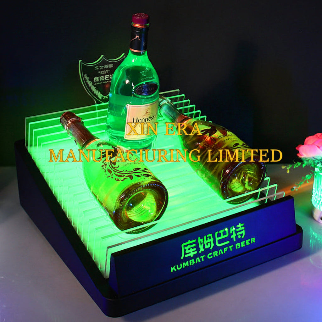 Xinera-Green-Slatted-LED-Bottle-Display-Kumbat-Craft-Beer-Custom-Logo-Factory-Real-Shot