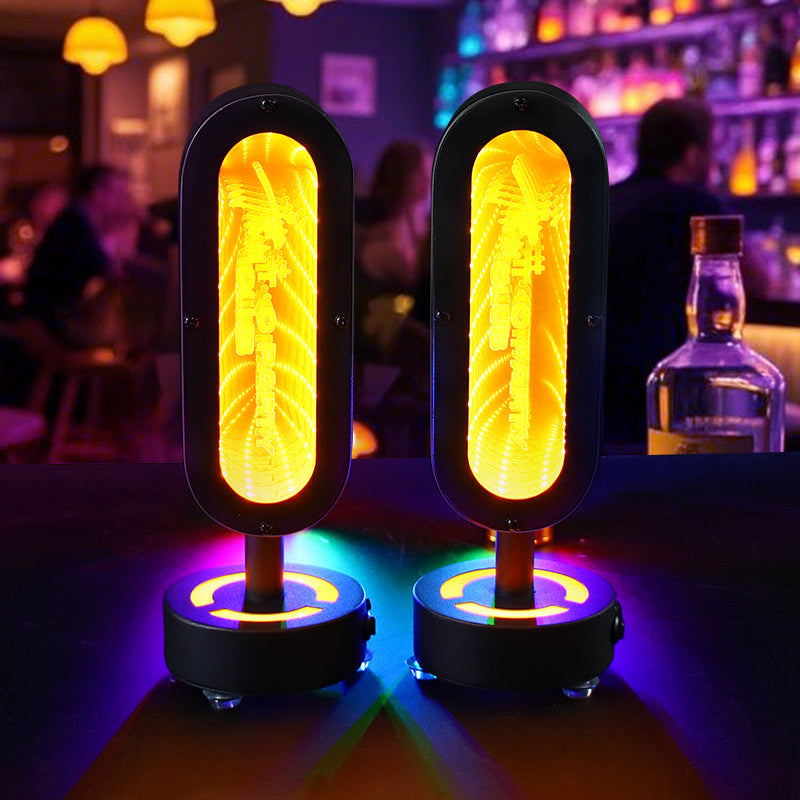 Custom branded infinity mirror LED table lamp with deep tunnel light effect for bar and lounge table decor.