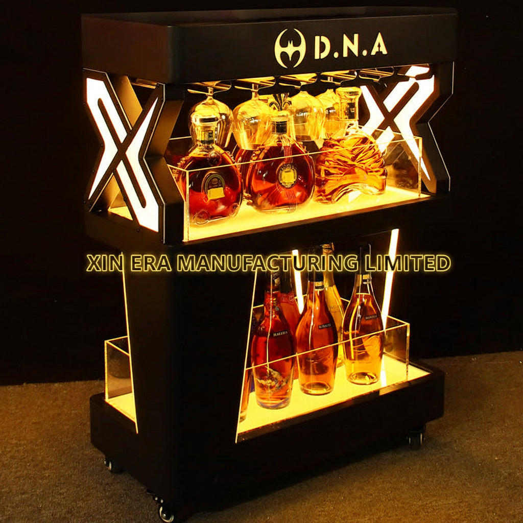 Direct factory supply of reinforced acrylic LED liquor display stands, customizable RGB colors for nightclubs.