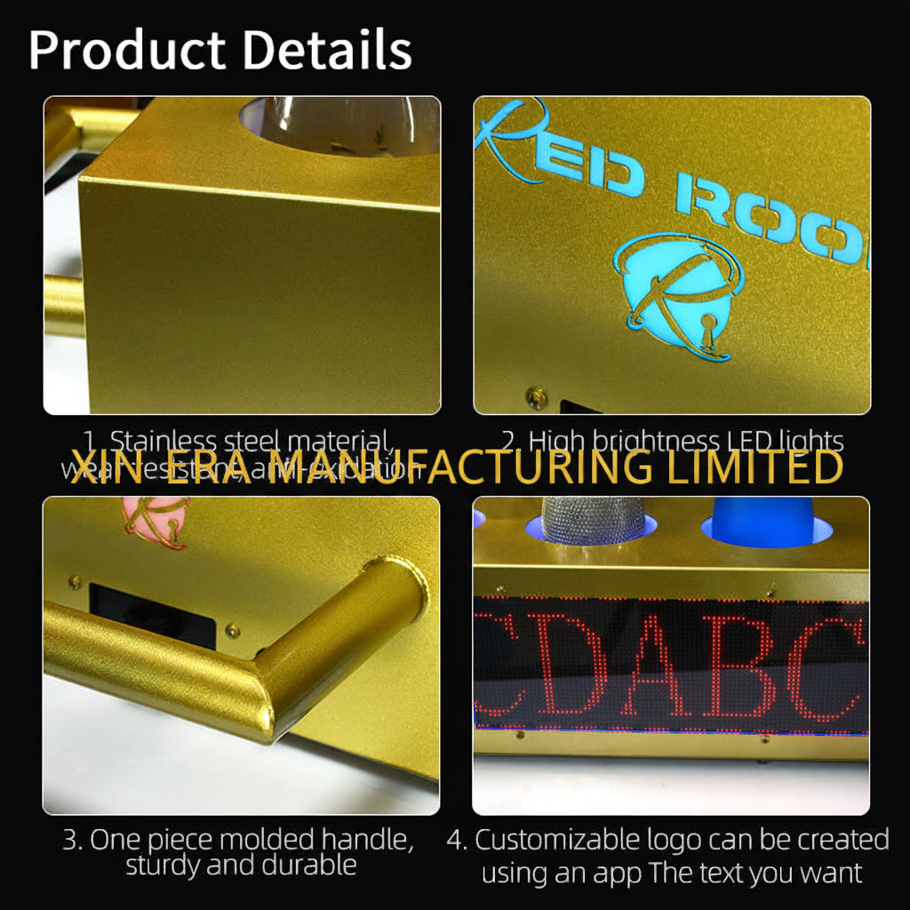 Close up details of premium gold metallic frame and custom laser logo panels direct from source factory