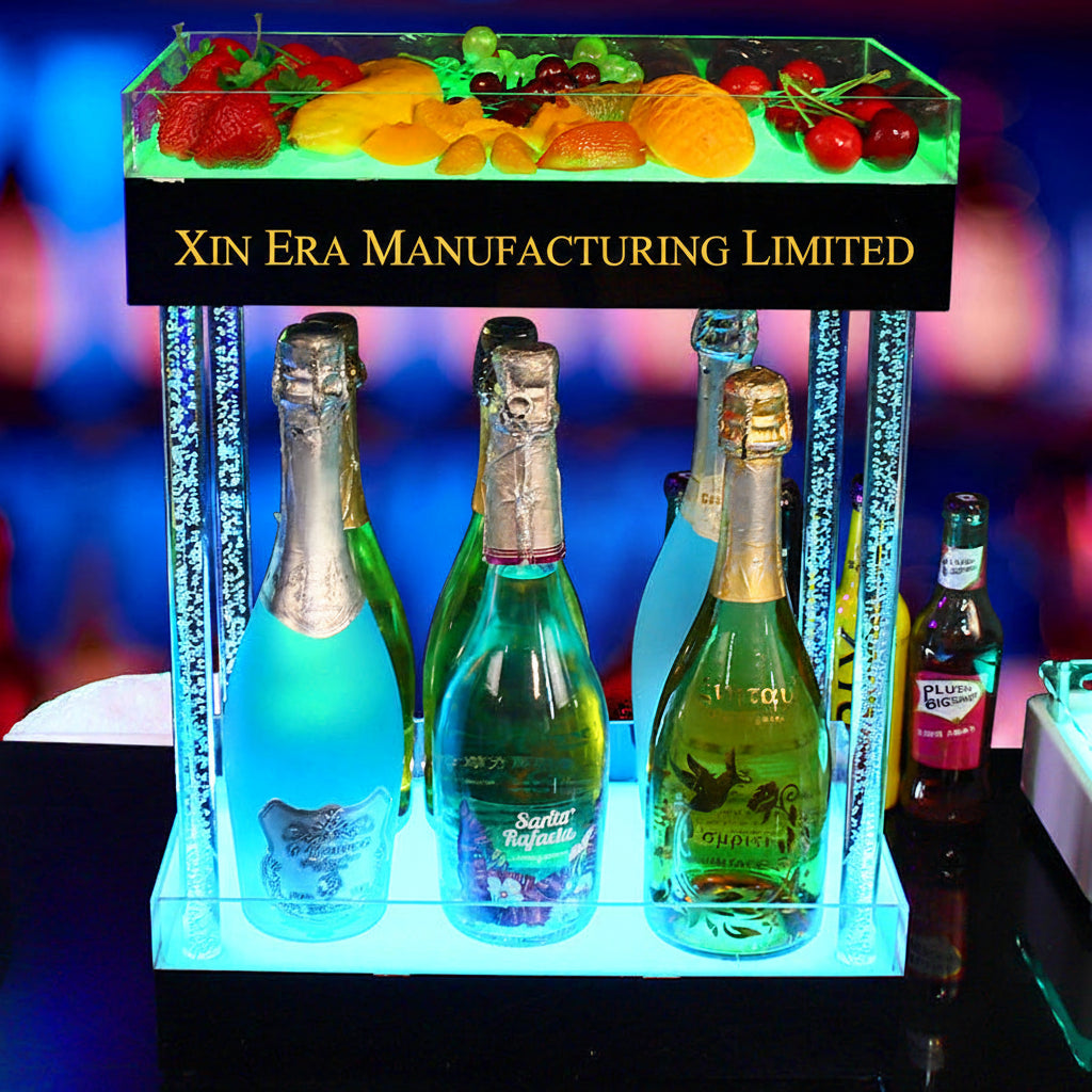 Luxury two-tier LED glowing presenter for bottles and fruit snacks, featuring illuminated crystal-filled pillars for premium nightclub VIP service.