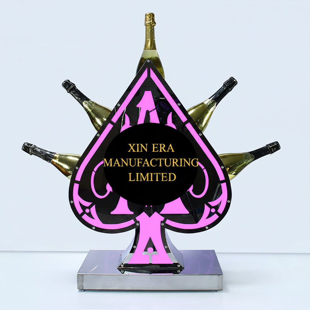 Xinera-LED-Ace-of-Spades-Bottle-Presenter-Nightclub-VIP-Champagne-Display-Rack-5-Bottle-Fan-Shaped-Cradle-Stainless-Steel-Base-Factory-Real-Shot