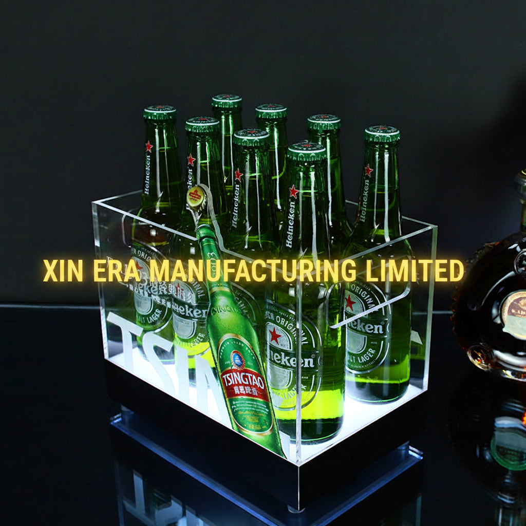 Xinera-LED-Acrylic-Ice-Bucket-Nightclub-VIP-Beer-Wine-Beverage-Presenter-Dual-Side-Handles-High-Clarity-Square-Basin-Tsingtao-Logo-Factory-Real-Shot