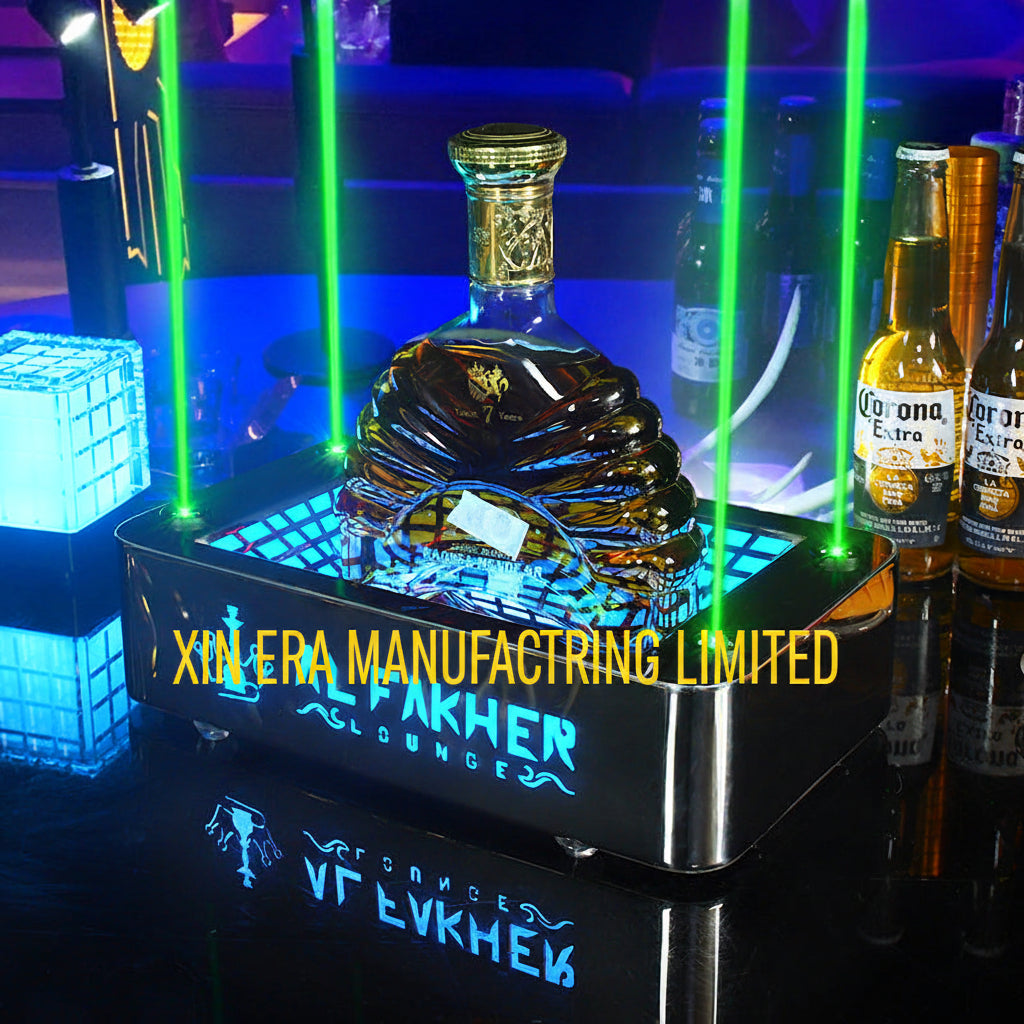 Glow in the dark bottle display base showing hypnotic 3D infinity mirror light tunnel