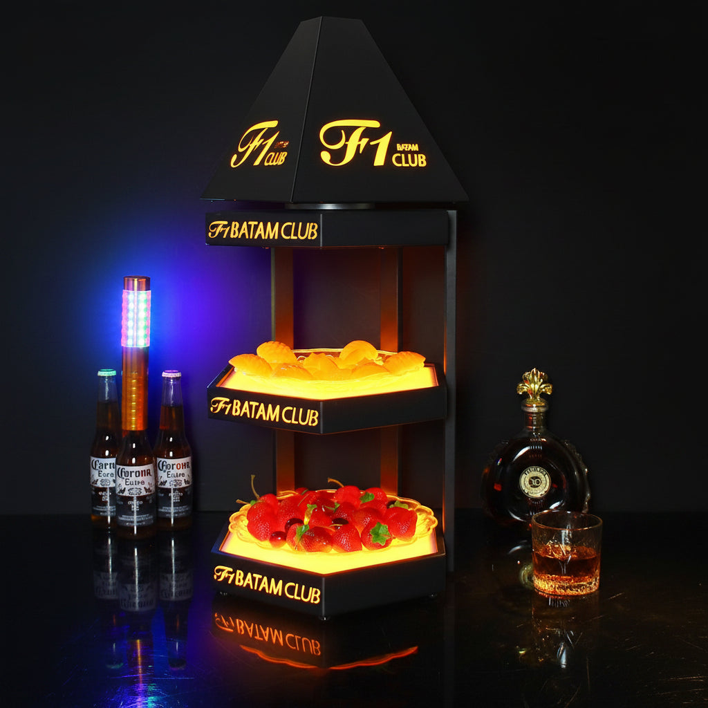 3-tier hexagonal LED display stand with matte black finish and illuminated acrylic base for commercial events