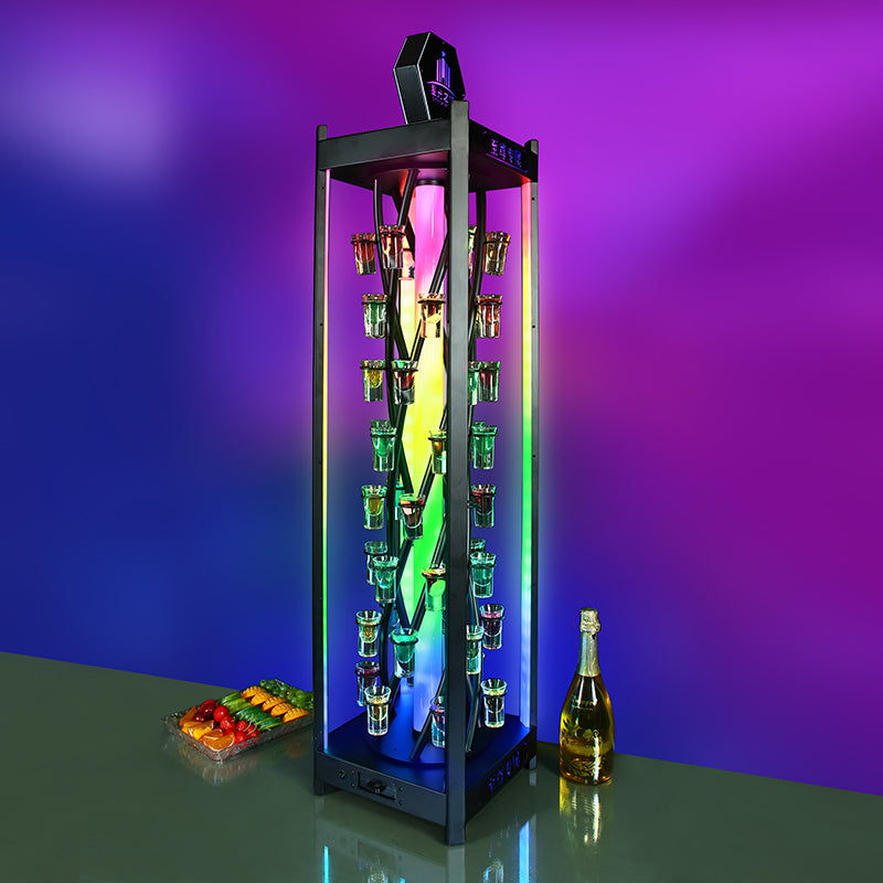 Bespoke LED Rotating Shot Glass Display Rack - Multi-Color Revolving Shot Tower for Nightclub VIP Service