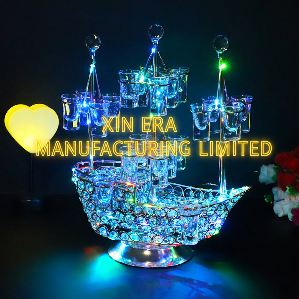 Luminous sailing ship cocktail serving tray with vibrant blue and green LED lights
