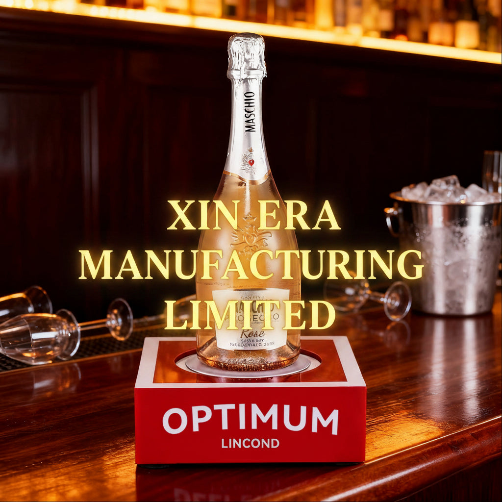Bespoke acrylic light up liquor bottle glorifier with red accent lighting, factory direct supply for bar events.