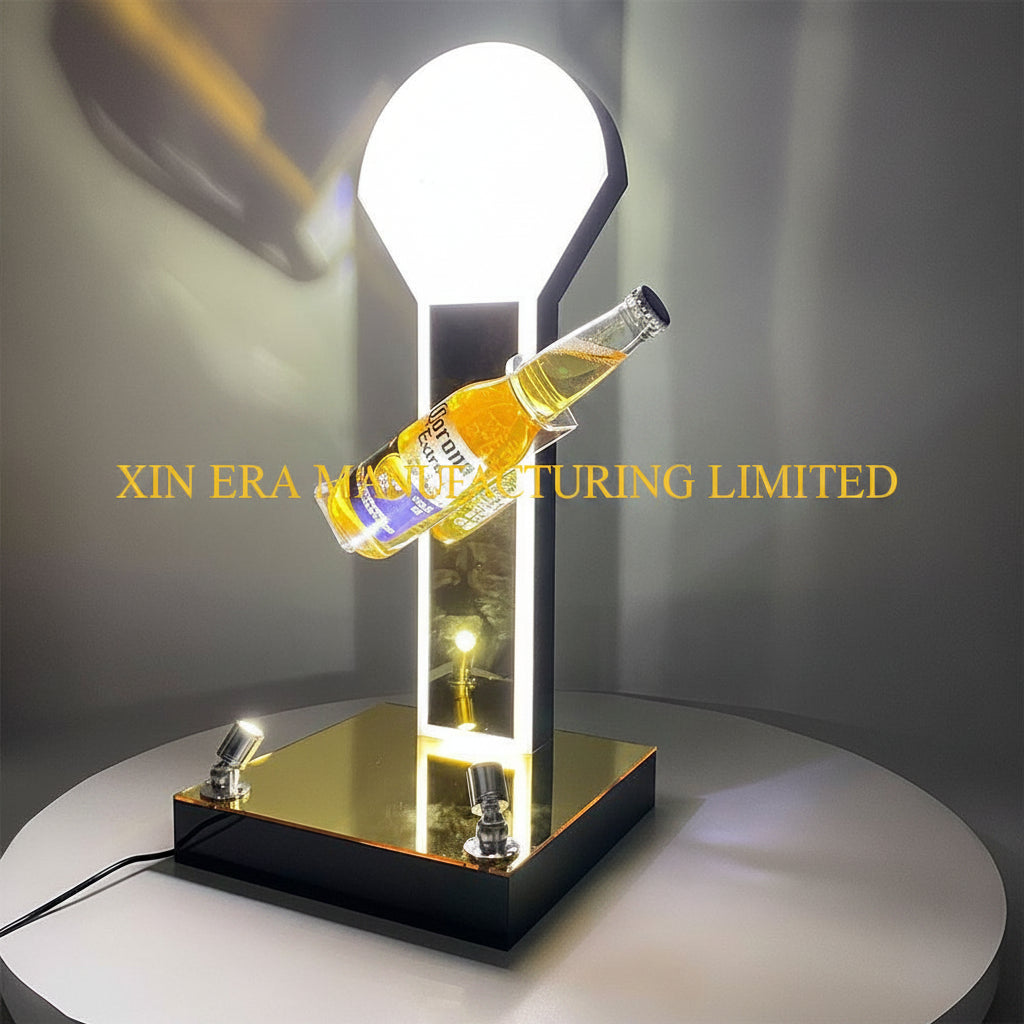 Luminous commercial trade show beverage rack glowing with bright white LED halo lighting up a slanted beer bottle