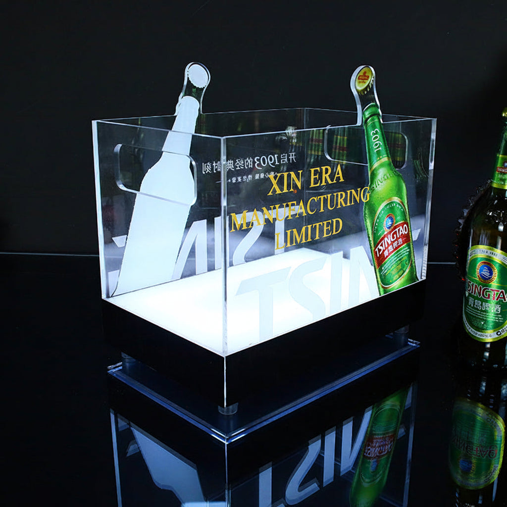 Xinera-LED-Acrylic-Ice-Bucket-Nightclub-VIP-Beer-Wine-Beverage-Presenter-Dual-Side-Handles-High-Clarity-Square-Basin-Tsingtao-Logo-Factory-Real-Shot